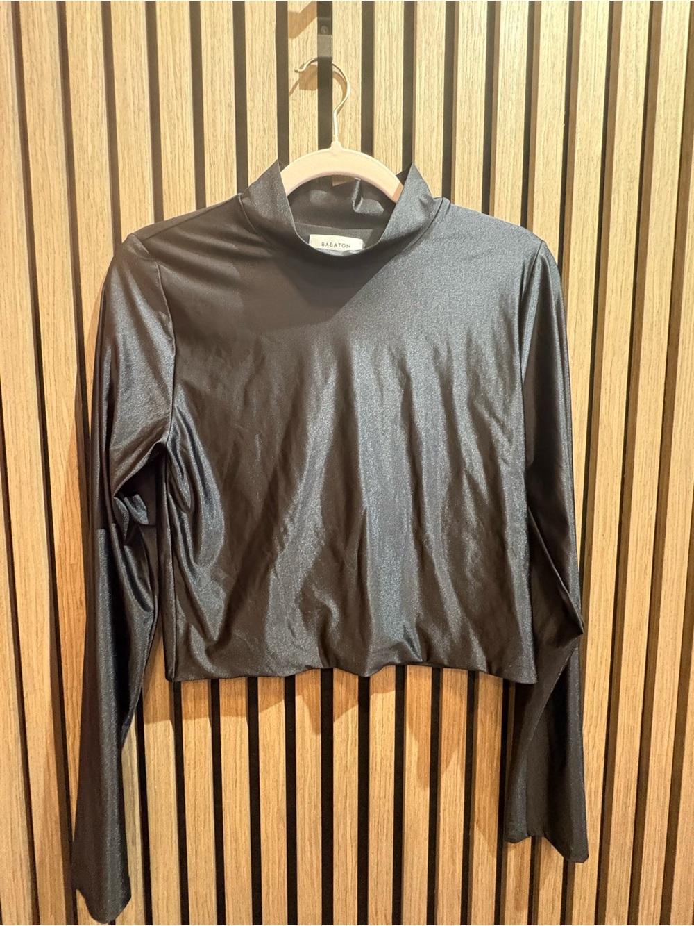 Babaton Black Long-Sleeve Mock Neck Top with Subtle Sheen
